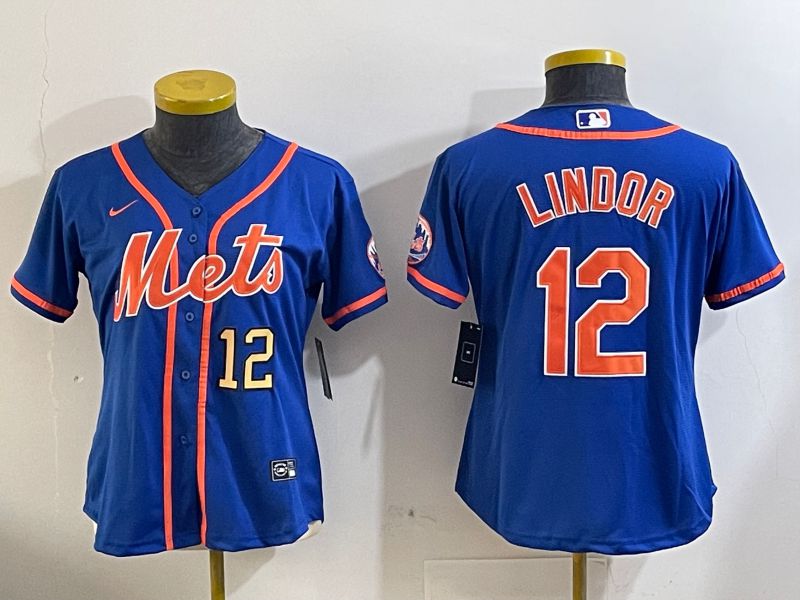 Women New York Mets #12 Lindor Blue Game 2024 Nike MLB Jersey style 1->youth mlb jersey->Youth Jersey